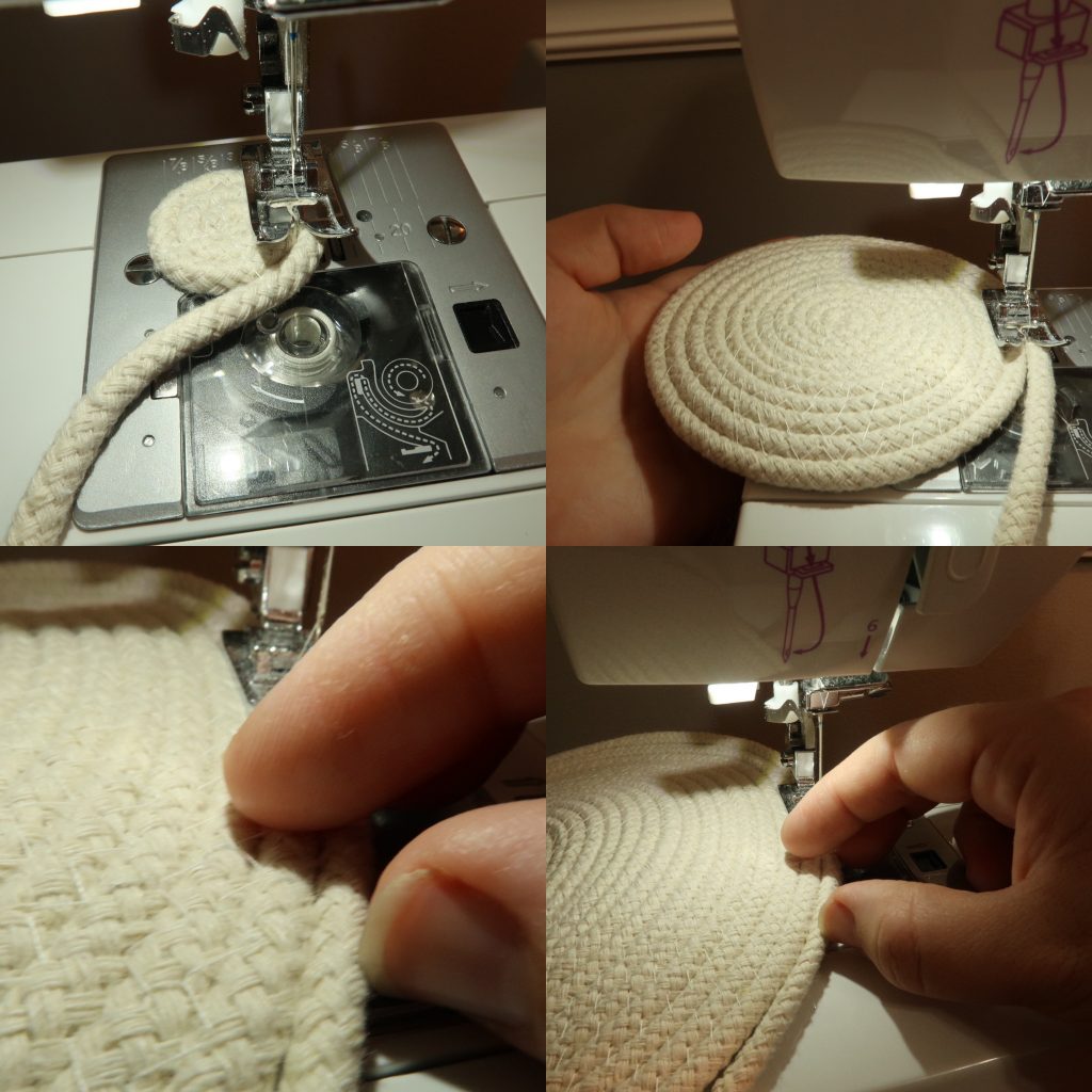 cotton rope clothesline being sewn into circle on sewing machine