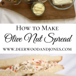 Olive Nut Spread Ingredients on Wooden cutting board and olive nut spread on white bread