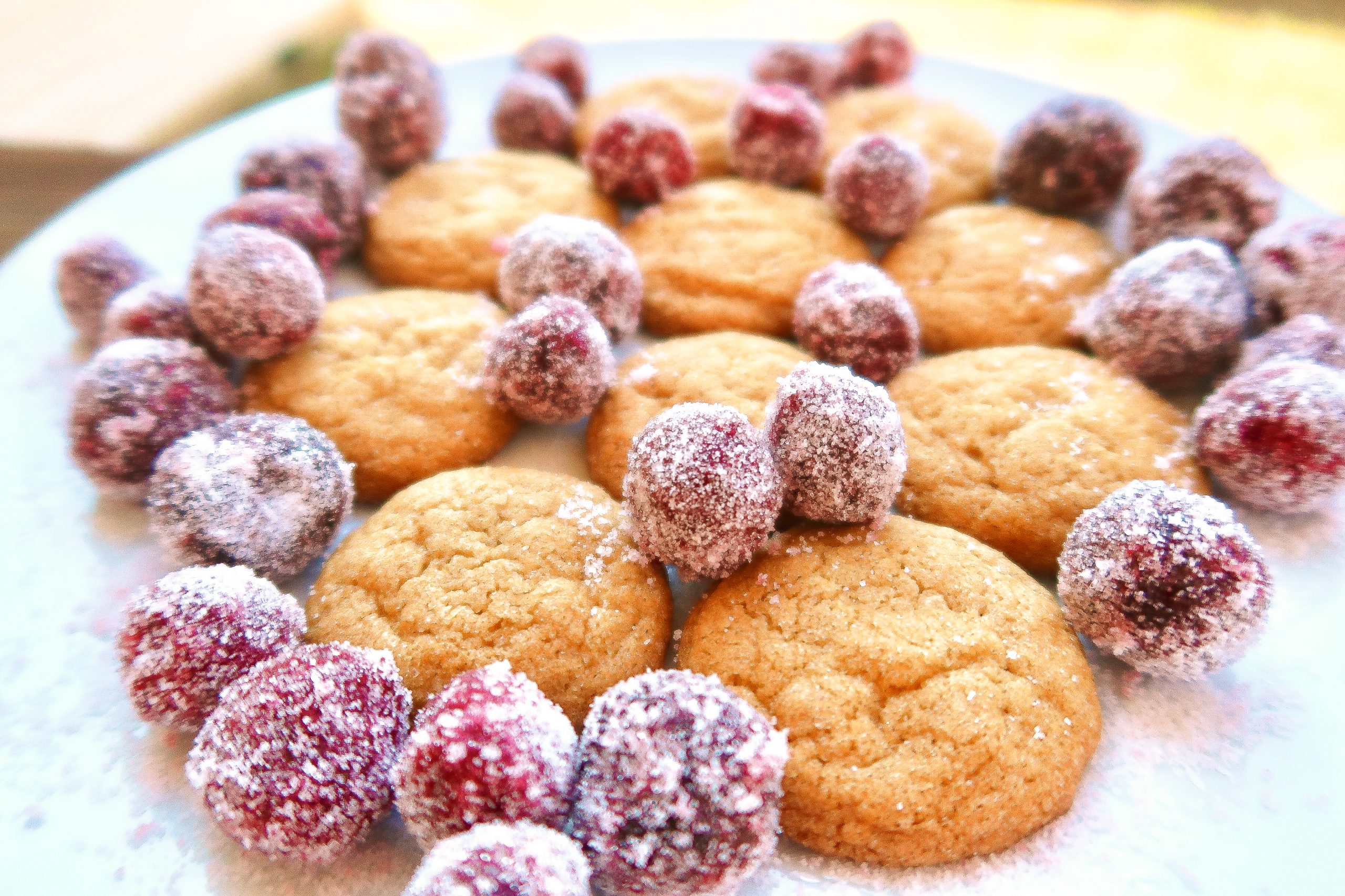 closeup of christmas cookies on white plate garnished with frozen sugar covered cherries